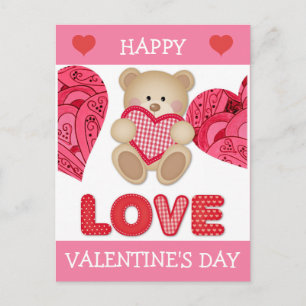 Carte Postale Ours en dessin animé mignon coeurs roses rouges Sa