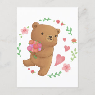 Carte Postale Ours en peluche aux fleurs
