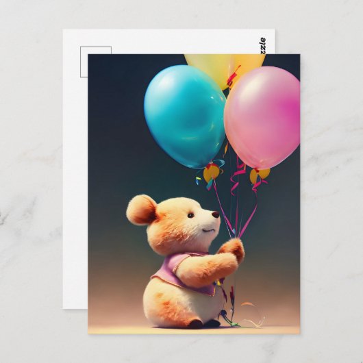 Carte Postale Ours en peluche avec ballons, Point de passage (Devant / Derrière)