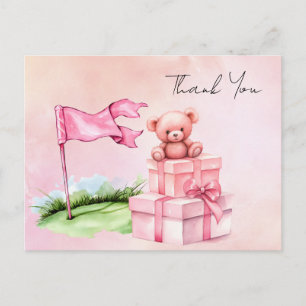 Carte Postale Ours en peluche de golf avec boîte cadeau rose sur