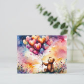 Carte Postale Ours en peluche de la Saint-Valentin avec ballons  (Debout devant)