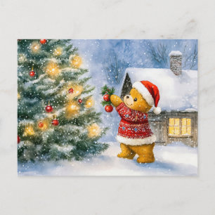 Carte Postale Ours en peluche décorant un arbre de Noël sous la 
