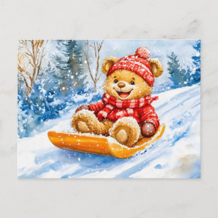 Carte Postale Ours en peluche dévalant la pente en hiver