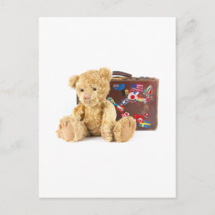 Carte Postale ours en peluche et vieille valise vintage avec les