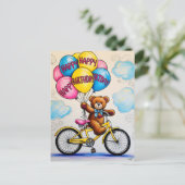 Carte Postale Ours en peluche sur bicyclette tenant des ballons (Debout devant)