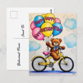 Carte Postale Ours en peluche sur bicyclette tenant des ballons (Devant / Derrière)