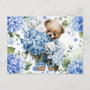 Carte Postale Ours en peluche tenant des fleurs d'hortensia