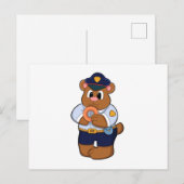 Carte Postale Ours en policier avec uniforme de police et beigne (Devant / Derrière)