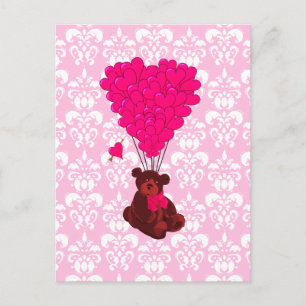 Carte Postale Ours et ballons de coeur sur damas rose