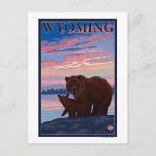 Carte Postale Ours et CubWyomingVintage Affiche de voyage