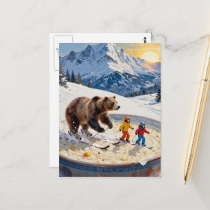 Carte Postale ours et enfants skient dans un bol de porridge