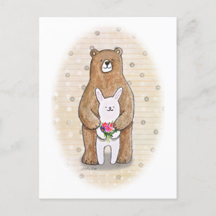 Carte Postale Ours et lapin Joyeux boisé Animal mignonne Art