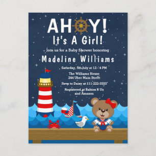 Carte Postale Ours fille nautique rouge et marine Baby Shower