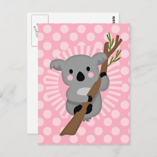 Carte Postale Ours Koala mignon - Fille Gris Rose (Devant / Derrière)