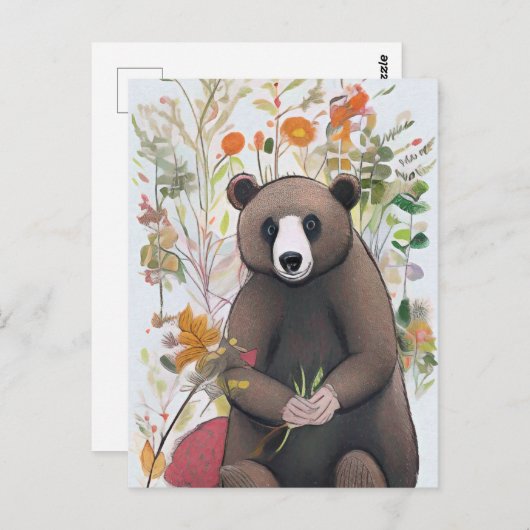 Carte Postale Ours mignon de la forêt avec fleurs printanières d (Devant / Derrière)