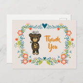 Carte Postale Ours mignon, Fleur Jaune et Merci de couronne fleu (Devant / Derrière)