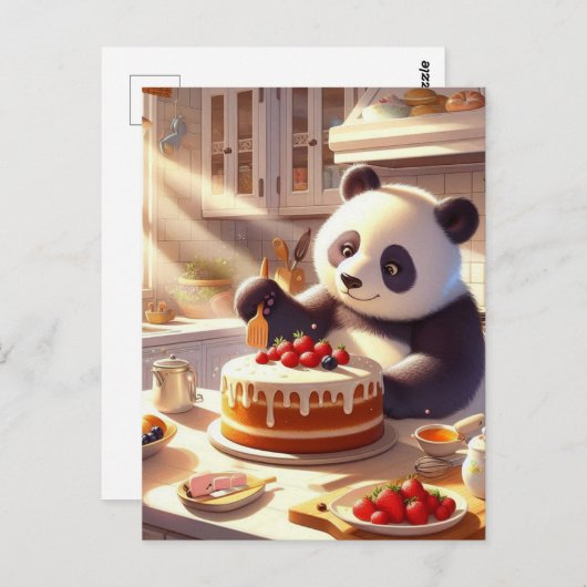 Carte Postale Ours Panda Adorable Faisant un Gâteau (Devant / Derrière)