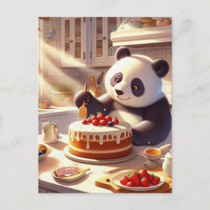 Carte Postale Ours Panda Adorable Faisant un Gâteau