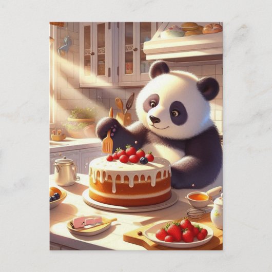 Carte Postale Ours Panda Adorable Faisant un Gâteau (Devant)