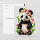 Carte Postale Ours Panda Avec Fleurs (Devant / Derrière)