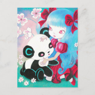 Carte Postale Ours Panda avec une fille Kawaii