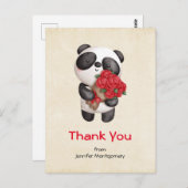 Carte Postale Ours panda mignon avec bouquet de roses Merci (Devant / Derrière)