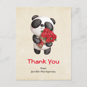 Carte Postale Ours Panda mignonne avec Merci Bouquet Rose