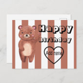 Carte Postale Ours personnalisé rayures mignonnes anniversaire (Devant / Derrière)