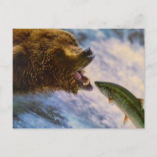 CARTE POSTALE OURS POISSON ANIMAL SAUVAGE POSTCROSSING