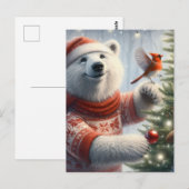 Carte Postale Ours polaire de Noël adorable et le cardinal (Devant / Derrière)