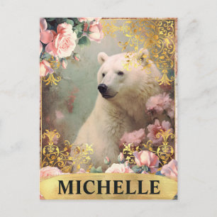 Carte Postale Ours polaire vintage aquarelle et roses roses