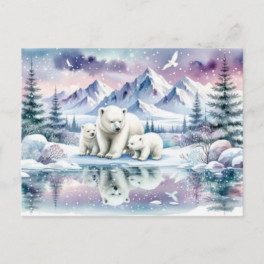 Carte Postale Ours polaires et peinture hivernale neige (Devant)