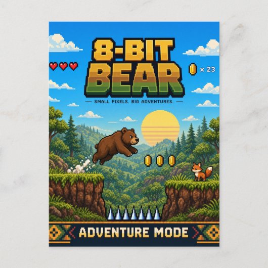 Carte Postale Ours, Rétro Pixel Art 8-Bit (Devant)