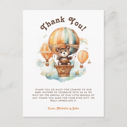 Carte Postale Ours rustique mignon avec baby shower à ballons (Devant)