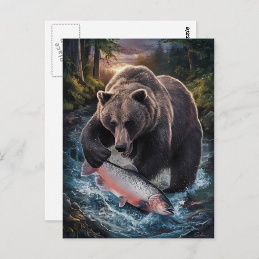 Carte Postale Ours tenant un poisson chatoyant (Devant / Derrière)