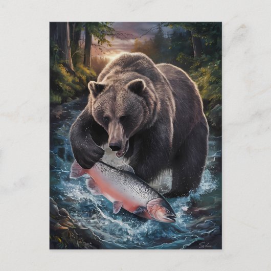 Carte Postale Ours tenant un poisson chatoyant (Devant)