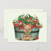 Carte Postale Ourson mignon et panier de fraises rustique  (Devant / Derrière)