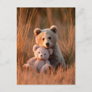 Carte Postale Ourson Mignon Faisant un Câlin à un Ours en Peluch