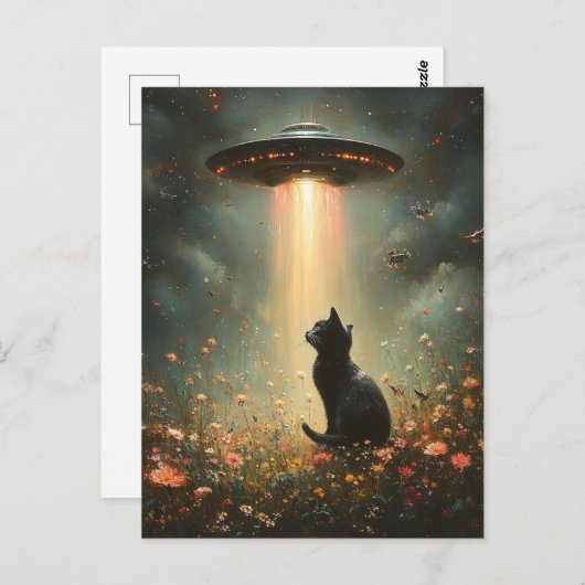 Carte Postale Ovni et un chat noir (Devant / Derrière)
