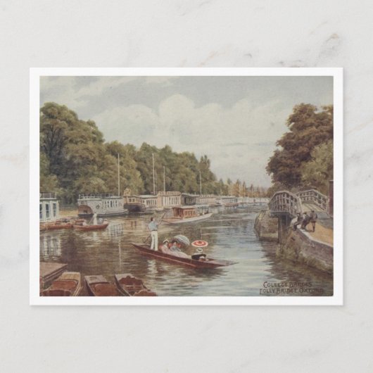 Carte Postale Oxford UK College Barges Folly Bridge 1910 (Devant)