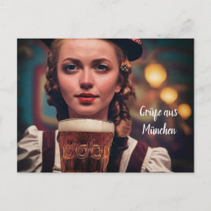 Carte Postale O'Zapft est! Femme en dirndl avec de la bière. Mün