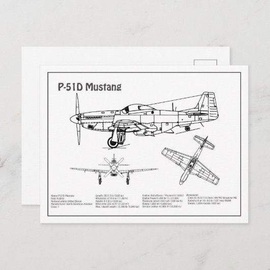 Carte Postale P-51D Mustang - Plan d'avion BD (Devant / Derrière)