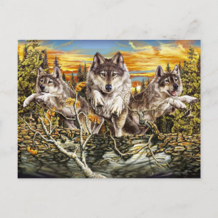 Carte Postale Pack de loups sautant au-dessus d'un bûcher