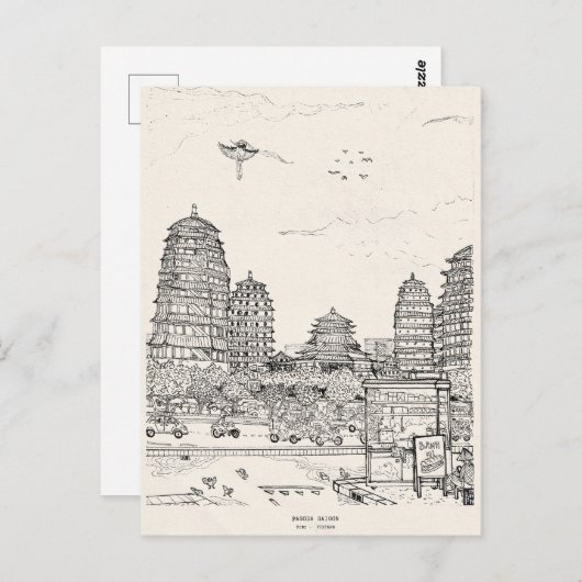 Carte Postale Pagode de Saïgon Viêt-Nam Tirage d'encre de stylo (Devant / Derrière)