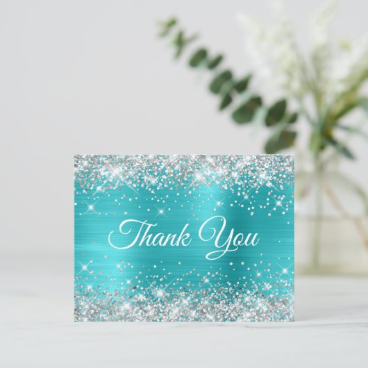 Carte Postale Pailleté Argent Bleu Turquoise Merci pour mes 16 a (Debout devant)