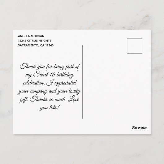 Carte Postale Pailleté Argent Bleu Turquoise Merci pour mes 16 a (Dos)