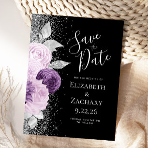 Carte Postale Pailleté Argent Noir Lavande Violet Floral