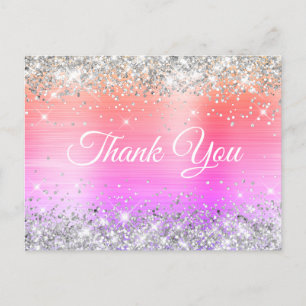 Carte Postale Pailleté Argent Paillettes Corail Rose Feuille de