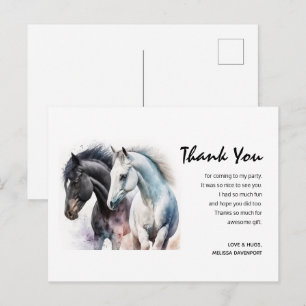 Carte Postale Paire de cheval noir et blanc en Merci d'aquarelle