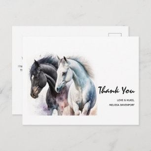 Carte Postale Paire de cheval noir et blanc en Merci d'aquarelle